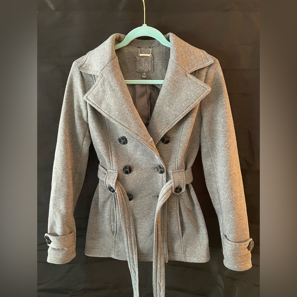 Size S, gray double breasted light jacket. Like new no stains, rips or pilling.